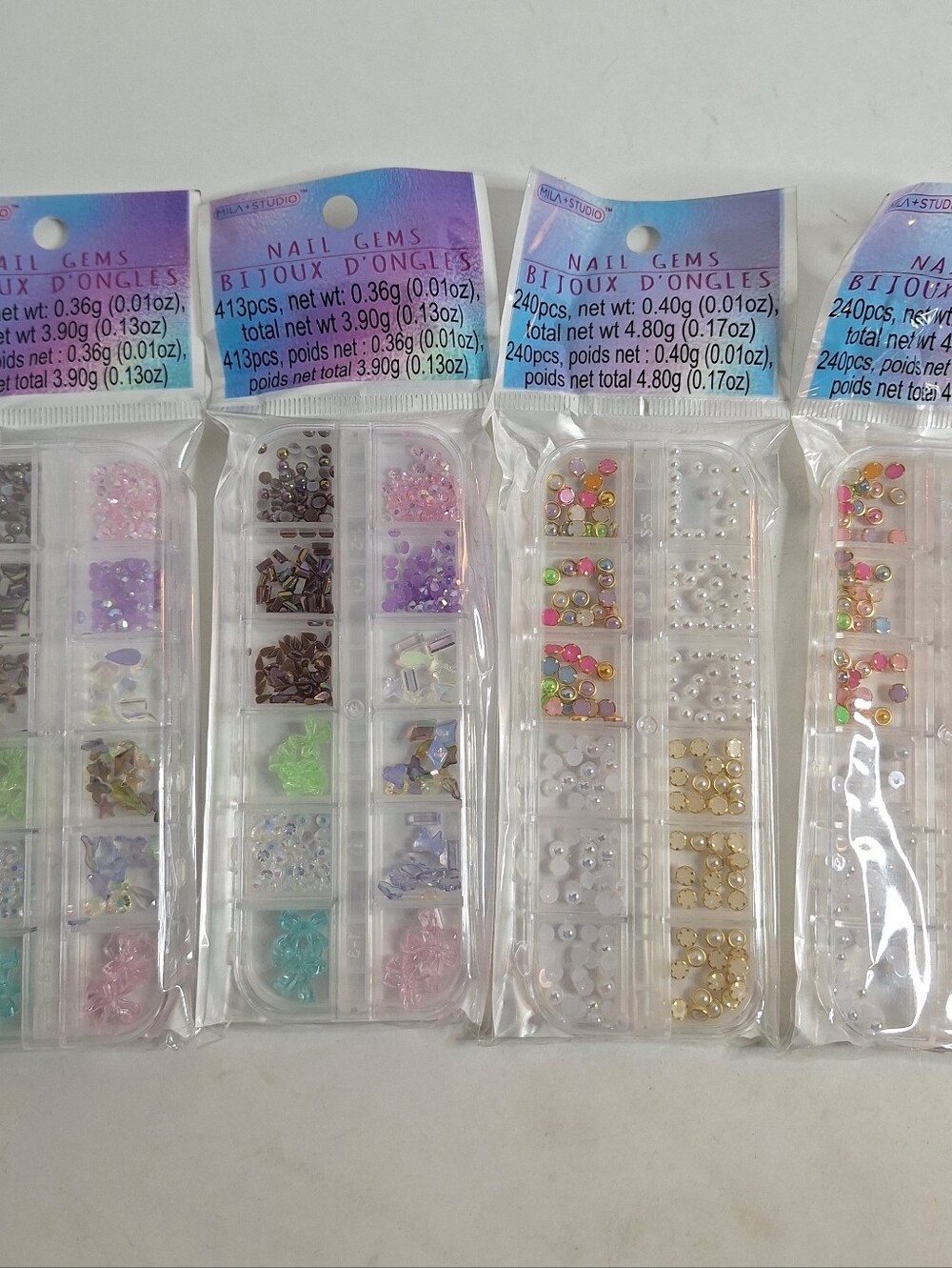 Assorted Multicolor Nail Art Beads & Rhinestones in Organizer Boxes 4 Pack
